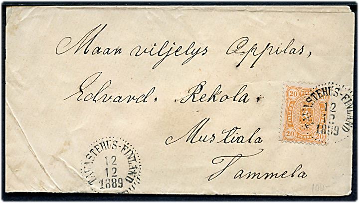 20 pen. Våben på brev fra Tavastehus d. 12.12.1889 til Mustiala, Tammela.