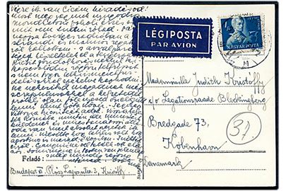 1 f. single på luftpost brevkort fra Budapest d. 20.6.1947 til København, Danmark.