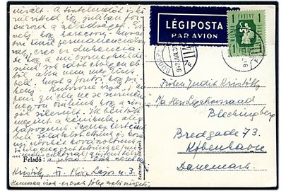 1 f. single på luftpost brevkort fra Budapest d. 30.6.1947 til København, Danmark.