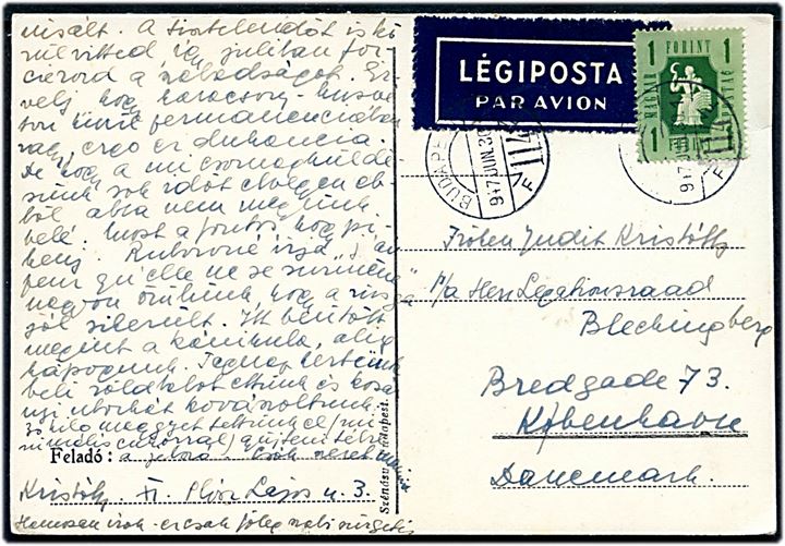 1 f. single på luftpost brevkort fra Budapest d. 30.6.1947 til København, Danmark.
