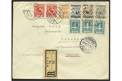 128 gr. blandingsfrankeret anbefalet brev fra Wien d. 14.10.1929 via Nykøbing F. til Nakskov, Danmark.