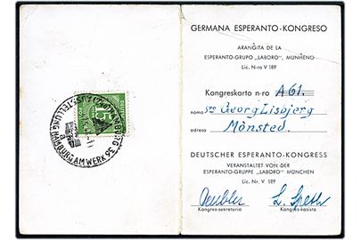 15 pfg. Ciffer på Adgangskort til Esperento-kongres i München 1948. Udstedt til dansk deltager Georg Lisbjerg fra Mønsted.