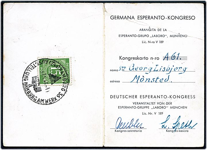 15 pfg. Ciffer på Adgangskort til Esperento-kongres i München 1948. Udstedt til dansk deltager Georg Lisbjerg fra Mønsted.