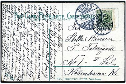 5 øre Fr. VIII på brevkort annulleret med stjernestempel VESTER AABY og sidestemplet Vester - Skjerninge d. 3.3.1910 til København.