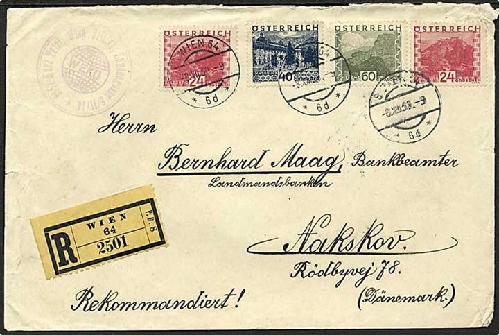 24 gr. (2), 40 gr. og 60 gr. Landskabs udg. på 1,48 kr. frankeret anbefalet brev fra Wien d. 8.12.1930 til Nakskov, Danmark.