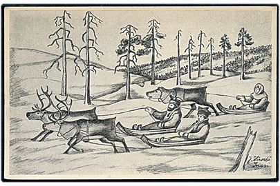 J. Hirvelä (?): Samer i slæder efter rensdyr ved Inari i Lapland. U/no.