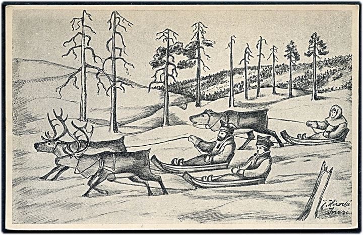 J. Hirvelä (?): Samer i slæder efter rensdyr ved Inari i Lapland. U/no.