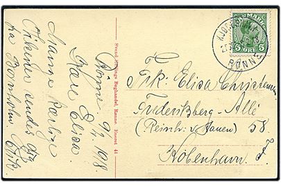 5 øre Chr. X på brevkort (Rønne, ved kirken) annulleret med sejlende bureaustempel Kjøbenhavn - Rønne 2. POST d. 9.2.1918 til København.