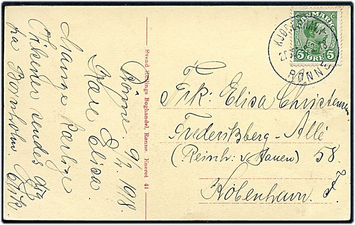 5 øre Chr. X på brevkort (Rønne, ved kirken) annulleret med sejlende bureaustempel Kjøbenhavn - Rønne 2. POST d. 9.2.1918 til København.