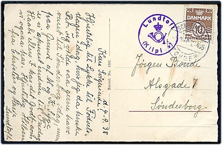 10 øre Bølgelinie på brevkort annulleret med bureaustempel Sønderborg - Tønder T.405 d. 5.9.1938 og sidestemplet med posthornstempel Lundtoft (Kliplev) til Sønderborg.