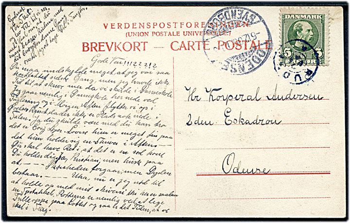 5 øre Chr. IX på brevkort (Sdr. Næraa Kirke) annulleret med stjernestempel RUDME (type I) og sidestemplet bureau Odense - Svendborg T.1? d. 6.12.1906 til soldat i Odense. 