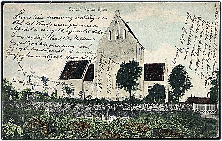 5 øre Chr. IX på brevkort (Sdr. Næraa Kirke) annulleret med stjernestempel RUDME (type I) og sidestemplet bureau Odense - Svendborg T.1? d. 6.12.1906 til soldat i Odense. 