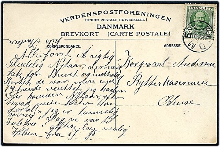5 øre Fr. VIII på brevkort annulleret med stjernestempel RUDME (type II) til soldat i Odense. Skilling: 1200,-