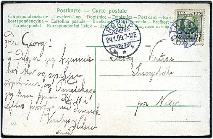 5 øre Fr. VIII på brevkort annulleret med stjernestempel GODTHAAB og sidestemplet Rønne d. 24.1.1909 til Snogebæk pr. Neksø.