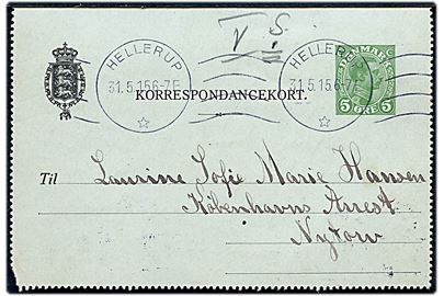 5 øre Chr. X helsags korrespondancekort sendt lokalt fra Hellerup d. 31.5.1915 til indsat kvinde, Larsine Sofie Marie Hansen, i Københavns Arrest, Nytorv.