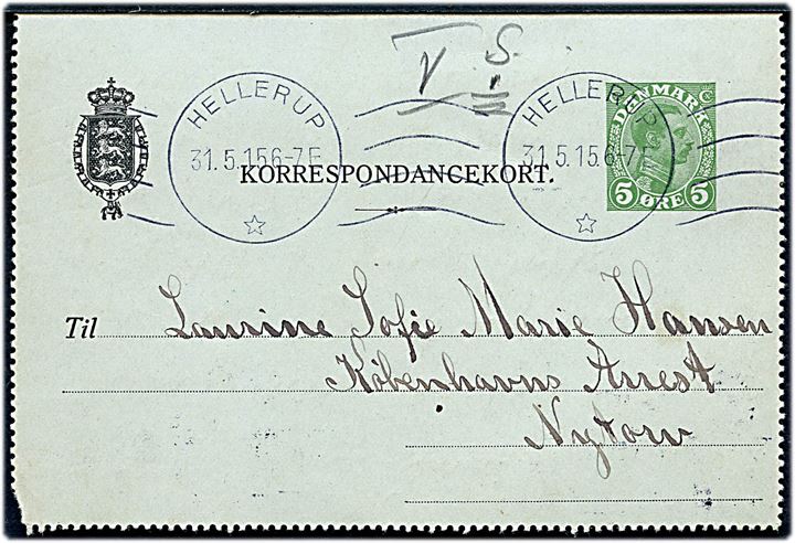 5 øre Chr. X helsags korrespondancekort sendt lokalt fra Hellerup d. 31.5.1915 til indsat kvinde, Larsine Sofie Marie Hansen, i Københavns Arrest, Nytorv.