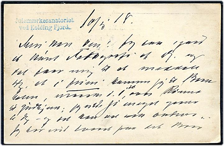 5 øre Chr. X helsagsbrevkort fra Kolding d. 10.5.1918 til Østermarie, Bornholm. På bagsiden 2-liniestempel: Julemærkesanatoriet ved Kolding Fjord.