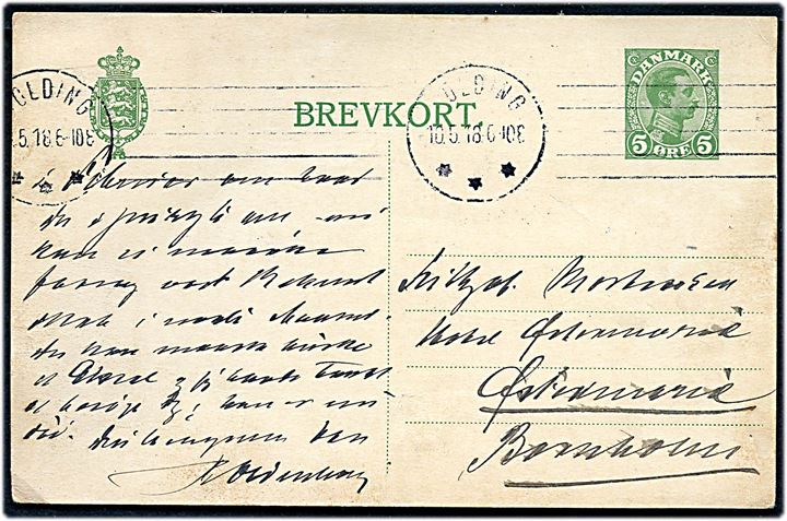5 øre Chr. X helsagsbrevkort fra Kolding d. 10.5.1918 til Østermarie, Bornholm. På bagsiden 2-liniestempel: Julemærkesanatoriet ved Kolding Fjord.