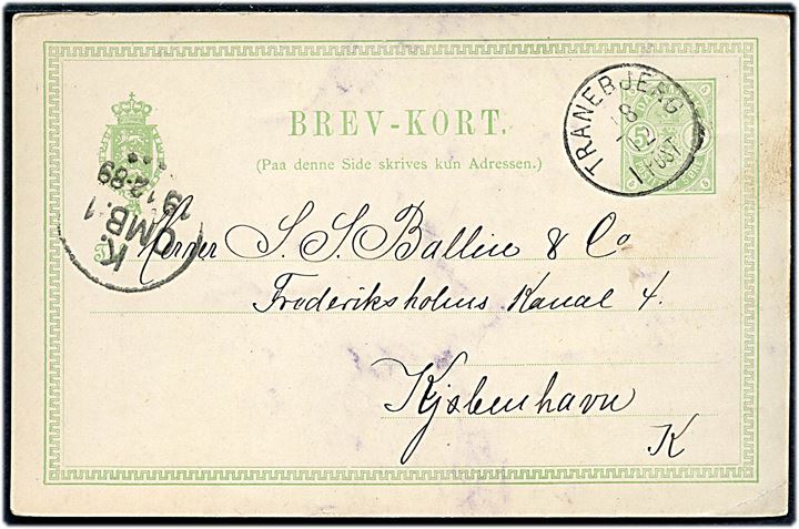 5 øre Våben helsagsbrevkort med lapidar Tranebjerg d. 18.12.1889 til Kjøbenhavn. Meddelelse om at returgods er afsendt med dampskibet S/S St. Knud.