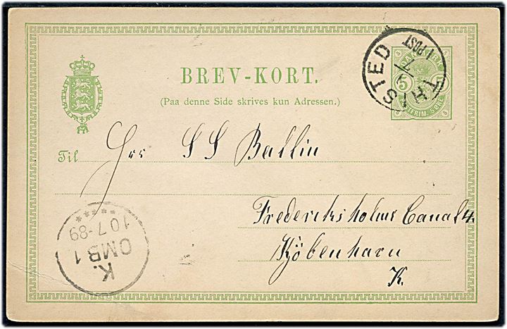 5 øre Våben helsagsbrevkort annulleret med lapidar Thisted d. 9.7.1889 til Kjøbenhavn.