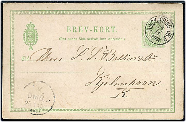 5 øre Våben helsagsbrevkort annulleret med lapidar Ringkjøbing JB:P: d. 24.11.1890 til København.