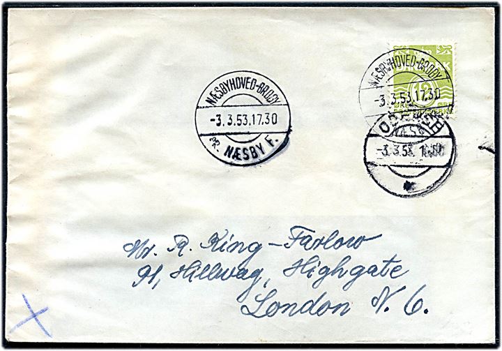 12 øre Bølgelinie på tryksag annulleret med pr.-stempel Næsbyhoved-Broby pr. Næsby F. d. 3.3.1953 til London, England.