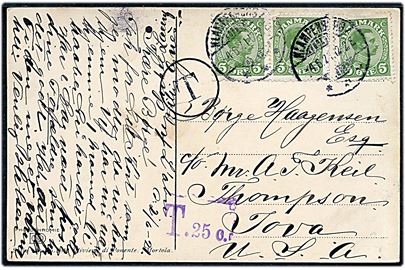 5 øre Chr. X (3) på underfrankeret brevkort fra Klampenborg d. 4.6.1921 til Thompson, Iowa, USA. Sort T-stempel og violet T.25 c. portostempel, men formodes ikke at være blevet opkrævet amerikansk porto.
