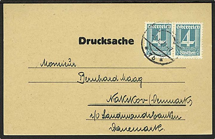 4 gr. i parstykke på tryksags-brevkort fra Wien d. 3.10.1927 til Nakskov, Danmark.