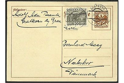 10 gr. helsagsbrevkort opfrankeret med 20 gr. Landskab fra Gratkorn d. 31.3.1932 til Nakskov, Danmark.