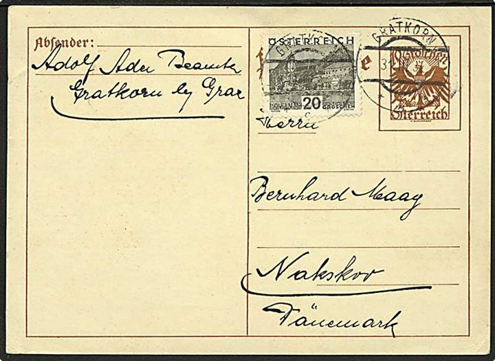 10 gr. helsagsbrevkort opfrankeret med 20 gr. Landskab fra Gratkorn d. 31.3.1932 til Nakskov, Danmark.