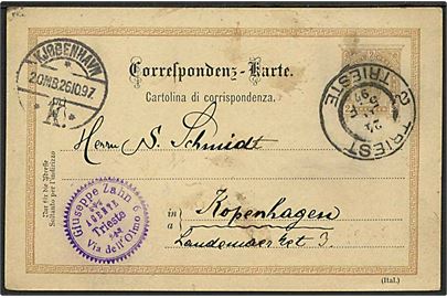 2 kr. Franz Joseph helsagsbrevkort fra Trieste d. 24.10.1897 til København, Danmark.