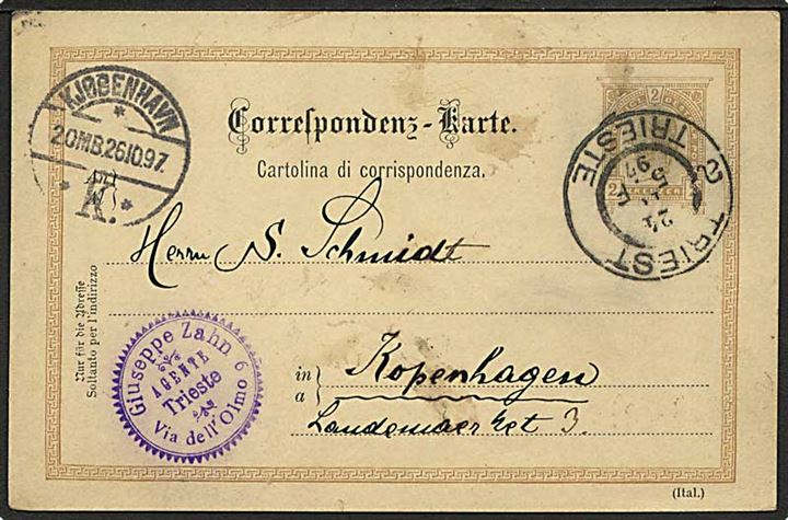 2 kr. Franz Joseph helsagsbrevkort fra Trieste d. 24.10.1897 til København, Danmark.