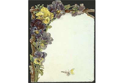 Kartonkort med blomster og sommerfugl. Tuck u/no. 10x12,5 cm.