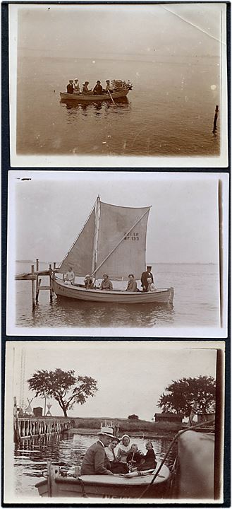 Tre fotografier med mindre jolle og sejlbåd - bl.a. NF 195 antagelig fra Lolland-Falster området. 8½x11½ cm.