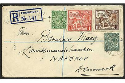 1d, 1½d Empire Exhibition, samt ½d og 4d George V på anbefalet brev fra Paddington d. 12.9.1929 til Nakskov, Danmark.