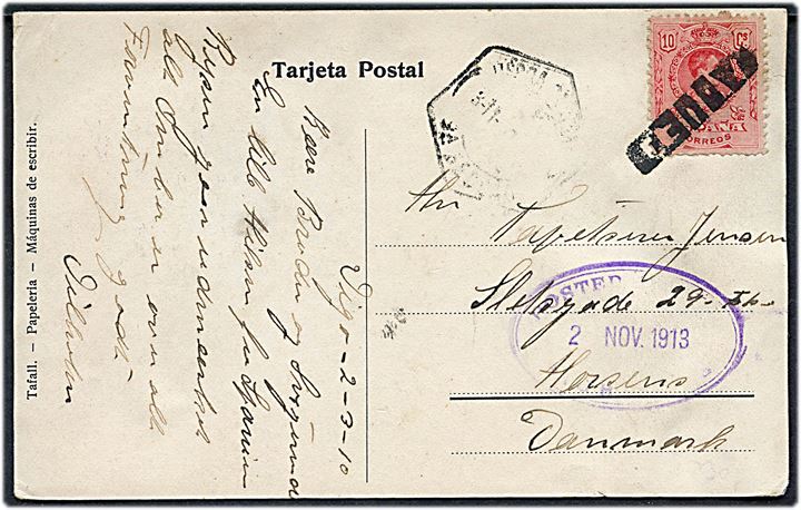 10 cts. Alfonso XIII på brevkort fra Vigo annulleret med skibsstempel Paquet og sidestemplet med utydeligt stempel og ovalt britisk purserstempel d. 2.11.1913 til Horsnes, Danmark. Kortet løst.
