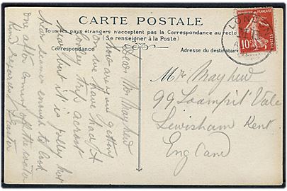 10 c. på brevkort fra Dieppe annulleret med britisk skibsstempel London M.B. d. 9.8.1911 til England.