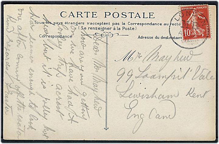 10 c. på brevkort fra Dieppe annulleret med britisk skibsstempel London M.B. d. 9.8.1911 til England.