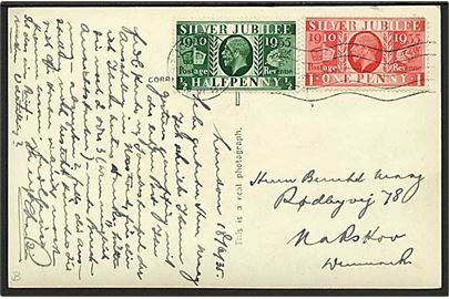½d og 1d Silver Jubilee på brevkort fra St. John's Wood d. 18.6.1935 til Nakskov, Danmark.