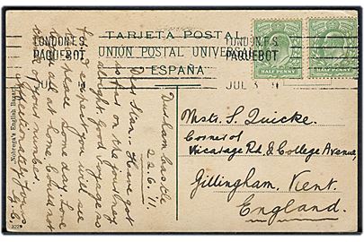 ½d Edward VII i parstykke på spansk postkort fra Tenerife skrevet ombord på S/S Durham Castle og annulleret London F.S. Paquebot d. 3.7.1911 til England.
