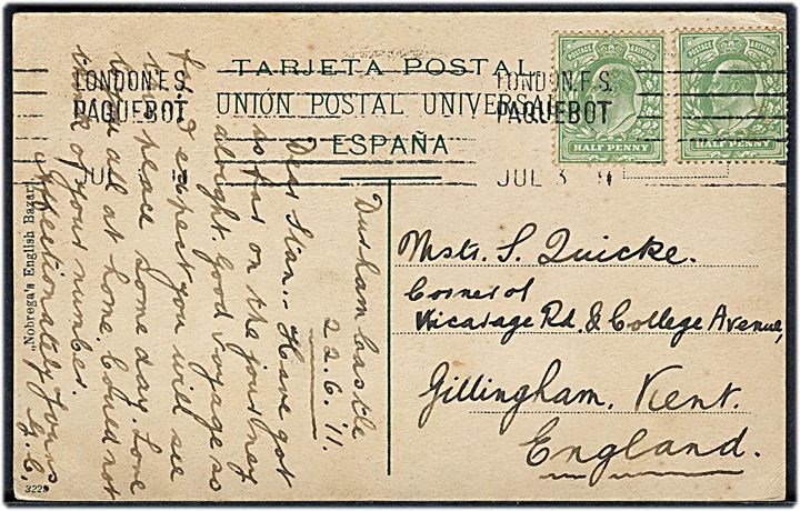 ½d Edward VII i parstykke på spansk postkort fra Tenerife skrevet ombord på S/S Durham Castle og annulleret London F.S. Paquebot d. 3.7.1911 til England.