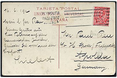 1d George V på brevkort fra Las Palmas annulleret med britisk skibsstempel Plymouth Paquebot d. 23.6.1912 til Apolda, Tyskland.