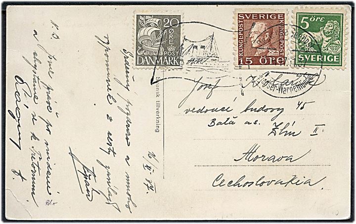 Svensk 5 öre Løve og 15 öre Gustaf, samt dansk 20 øre Karavel, på brevkort (Havnen i Helsingborg med dampskib og flyvemaskine) annulleret med tysk skibsstempel Deutsche Seepost Gjedser - Warnemünde Fh. d. 17.11.1937 til Tjekkoslovakiet.