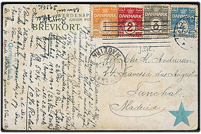 1 øre, 2 øre, 3 øre og 4 øre Bølgelinie på brevkort fra Odense d. 31.10.1910 til Funchal, Madeira.