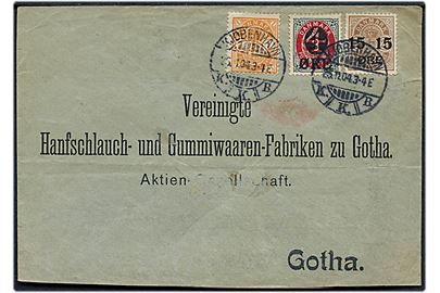 1 øre Våben, 4/8 øre og 15/24 øre Provisorium på brev fra Kjøbenhavn d. 25.11.1904 til Gotha, Tyskland.