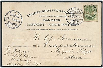 5 øre Våben på brevkort annulleret med stjernestempel DALBY og sidestemplet bureau Odense - Dalby T.7 d. 9.8.1905 til Stege.