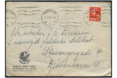25 øre Løve på fortrykt kuvert fra Modum Bad Norges Røde Kors Rekreasjons- og Kursted Virkersund  d. 21.7.1949 til København, Danmark. Nusset.