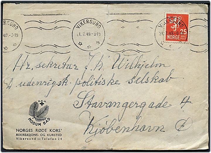 25 øre Løve på fortrykt kuvert fra Modum Bad Norges Røde Kors Rekreasjons- og Kursted Virkersund  d. 21.7.1949 til København, Danmark. Nusset.