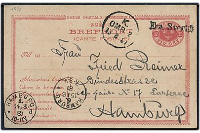10 öre Tre Kroner helsagsbrevkort fra Malmö annulleret med skibsstempel Fra Sverige og sidestemplet K. OMB. d. 13.8.1881 til Hamburg, Tyskland.