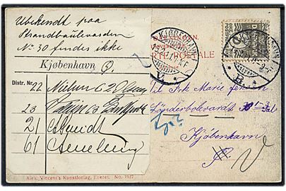 3 øre Bølgelinie på lokalt brevkort i Kjøbenhavn d. 15.2.1911. Ubekendt og påsat forespørgsels-etiket ved Kjøbenhavn Ø postkontor.